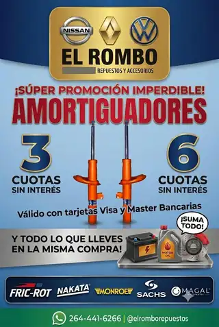 Promoción de amortiguadores en 3 o 6 cuotas sin interés con tarjetas Visa y Mastercard bancarias